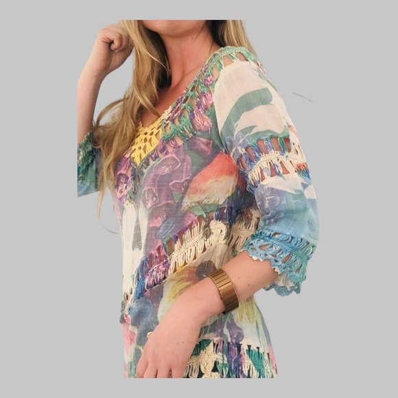 Dor Dor Tops - Dor Dor Couture Crochet Floral Asymmetrical 3/4 Sleeve Top Boho Festival Size M